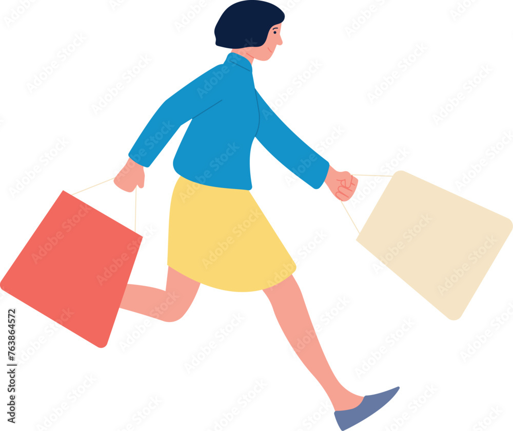 Woman running with shopping bags. Sale shopaholic character Woman running with shopping bags. Sale shopaholic character
