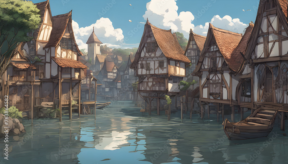 Fototapeta premium Medieval River Village with some tower at behind, Fantasy Anime Style Artwork