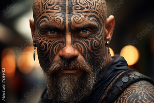 a man with a beard and tattoo on his face