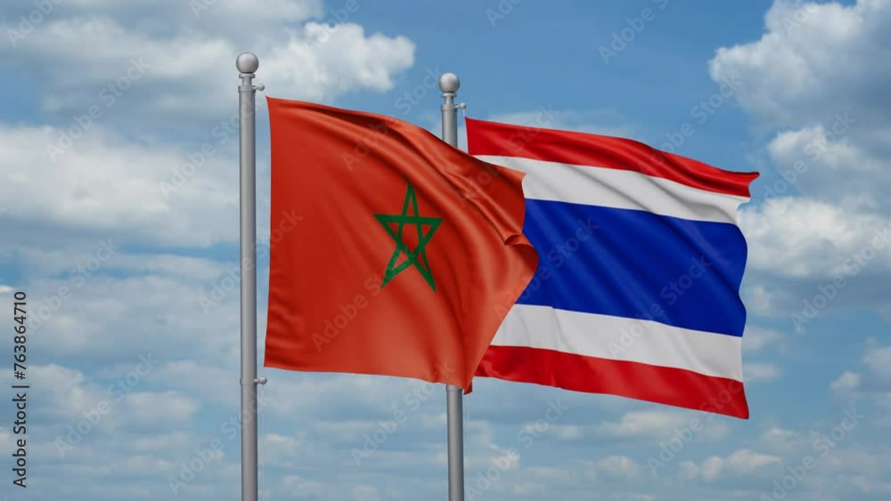 Kingdom of Thailand and Morocco two flags waving together, looped video, two country cooperation concept Kingdom of Thailand and Morocco two flags waving together, looped video, two country cooperation concept
