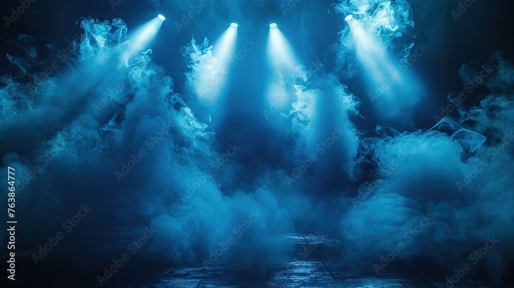 Illuminated stage with scenic blue spotlight with smoke volume light effect