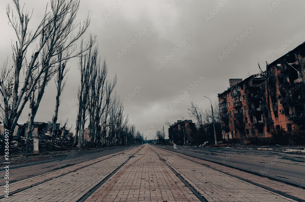 Fototapeta premium destroyed and burned houses in the city Russia Ukraine war