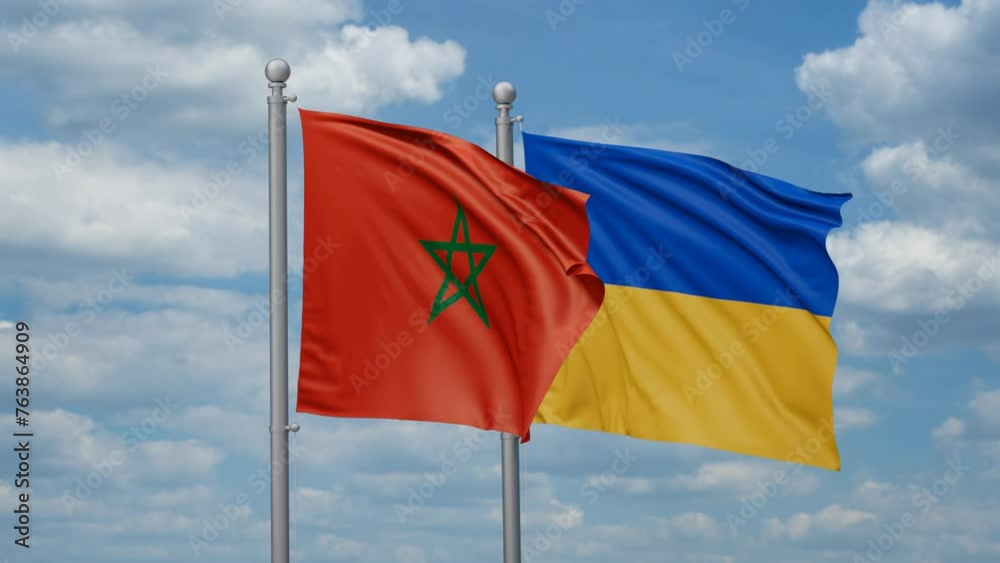 Ukraine and Morocco two flags waving together, looped video, two country cooperation concept Ukraine and Morocco two flags waving together, looped video, two country cooperation concept