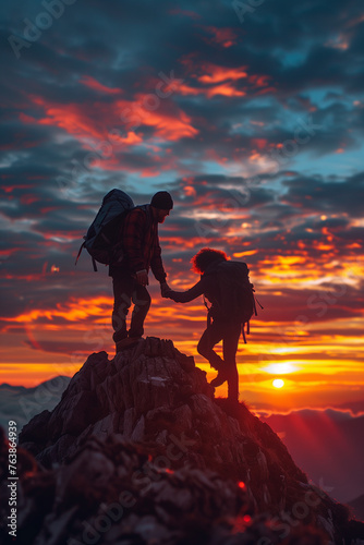 A hiker pulls another's hand to the mountain peak, against a stunning red sunset backdrop with gray clouds
