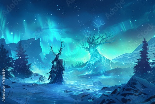 Digital painting of a winter god, reigning over a snowy landscape with auroras in the sky.