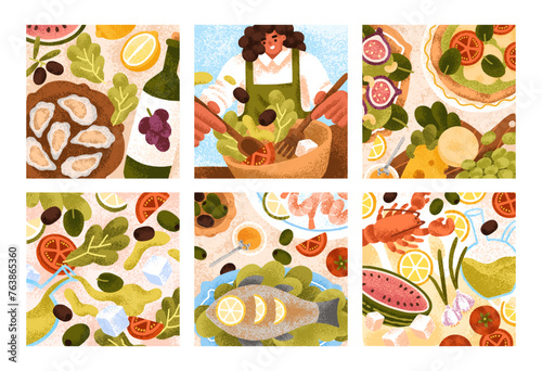 Food, dishes, Mediterranean cuisine cards set. Vegetable salad and seafood, Italian meals. Pizza, salmon fish, oysters delicatessen. Restaurant snacks, square backgrounds. Flat vector illustrations.
