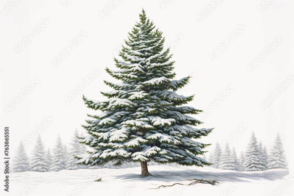 a snow covered tree in a snowy field