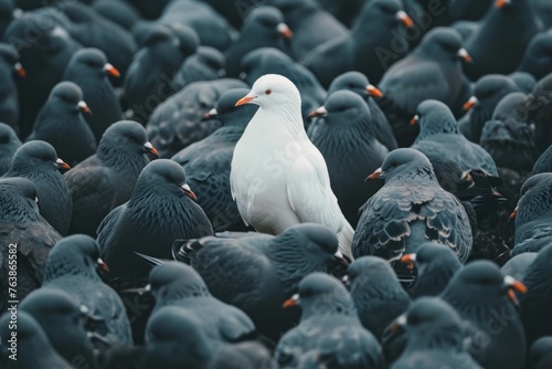 Standing out from the crowd , white bird standing between man gray birds. Generative AI © Zero Zero One
