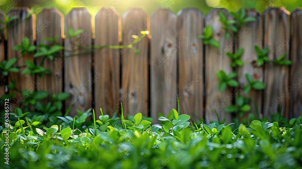 Fresh spring green grass and leafy plants on a wooden fence background Fresh spring green grass and leafy plants on a wooden fence background