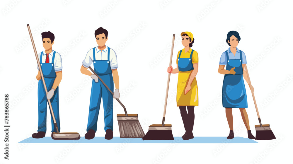 Drawing of janitors in uniform with tools flat vector