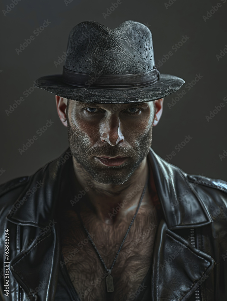 Rugged unshaven man with open leather jacket and fedora hat posed in a dramatic atmosphere Rugged unshaven man with open leather jacket and fedora hat posed in a dramatic atmosphere
