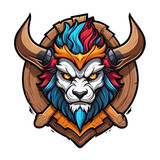 a mascot of a horned head with horns, tauren, portrait of a lion, 