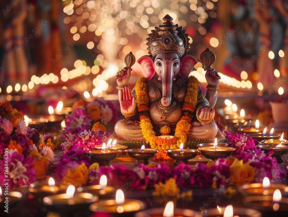 A vibrant Lord Ganesha idol surrounded by a multitude of lit diyas and colorful flowers during a festive celebration - obrazy, fototapety, plakaty 
