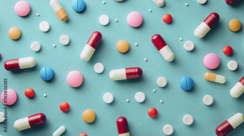 Colorful pills on blue background. Top view. Colorful pills on blue background. Top view.