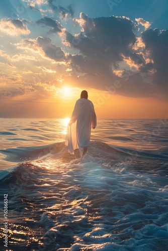 Silhouetted Jesus Christ walking on serene ocean waters against a breathtaking sunrise backdrop with clouds