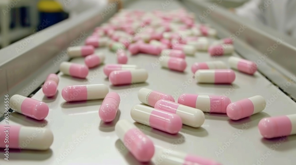 Tubes of pink and white capsules on conveyor belt in factory Tubes of pink and white capsules on conveyor belt in factory