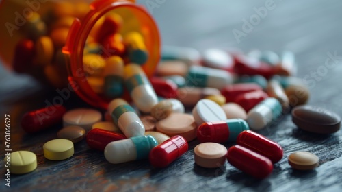 Assorted pharmaceutical medicine pills, tablets and capsules spilling out of pill bottle.