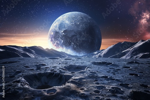 Lunar Landscape Mystical Moon Surface with Earthrise View, High-Resolution Digital Art Illustration © furyon