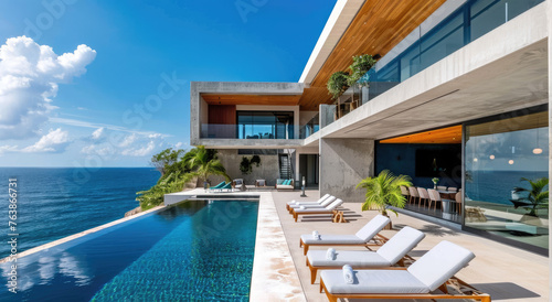 A modern beach house with an infinity pool and a balcony overlooking the ocean, with concrete accents and wooden details, with lounge chairs in front of it, and a blue sky © Kien