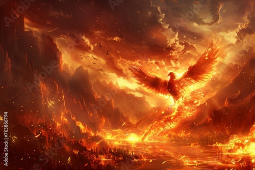 Phoenix Rebirth: Mythical Phoenix Rising from Ashes in a Fiery Landscape, Digital Art Fantasy Theme © furyon