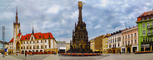 Panoramic view old square, town hall and the holy trinity column. Olomouc, Czech republic