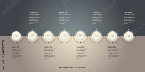 Business process chart infographics with 8 step circles. Round workflow graphic elements. Company flowchart presentation slide. Vector info graphic in flat design