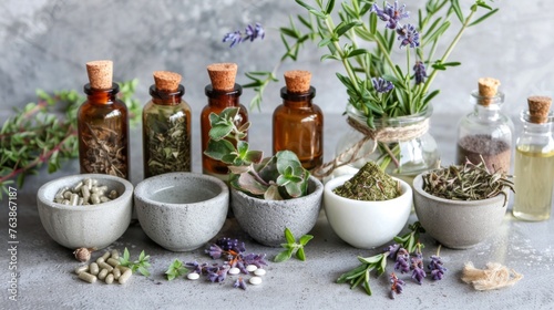 Herbs and spices on stone background. Herbal medicine concept.