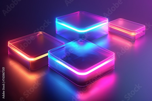 A series of square glass containers with neon lights inside. futuristic technology background