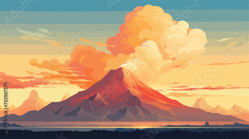 Fantastic landscape. Volcano in the clouds at sunset