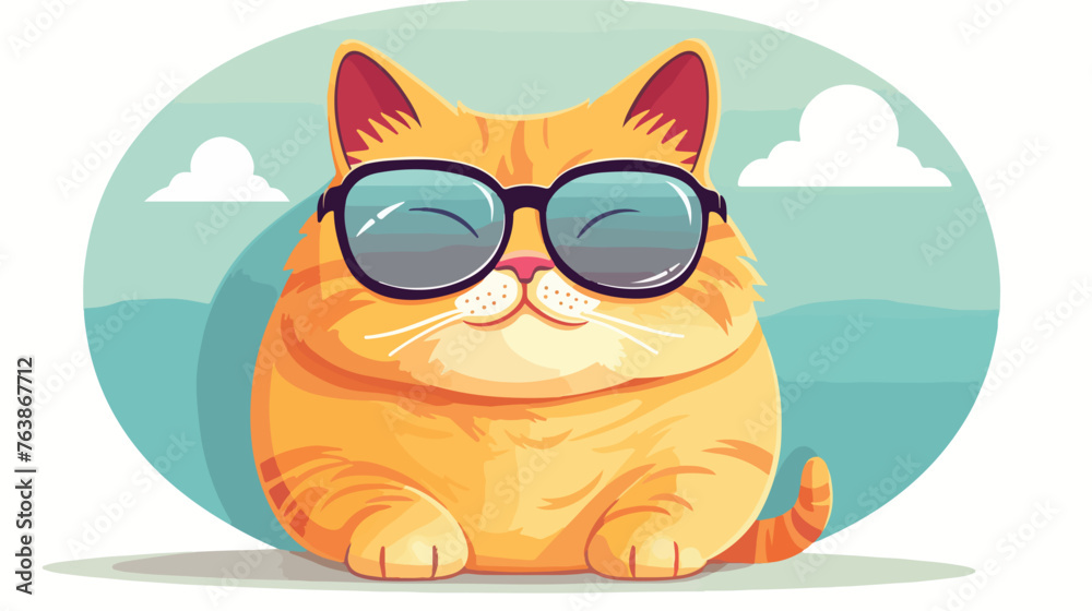 Fat cat with glasses looks in the mirror flat vector