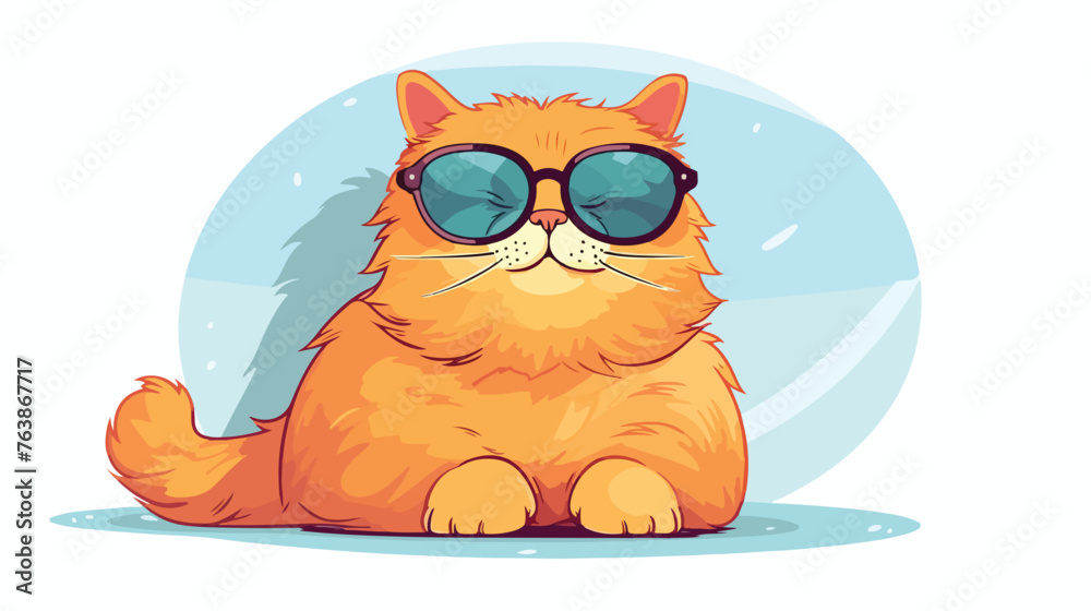 Fat cat with glasses looks in the mirror flat vector