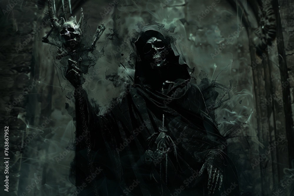 A shadowy god of the underworld, presiding over souls with a scepter of bones A shadowy god of the underworld, presiding over souls with a scepter of bones