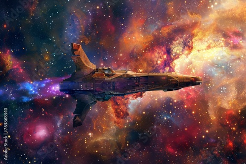 Celestial Voyage Spaceship Journeying Through a Star-Filled Galaxy, Digital Art Sci-Fi Adventure