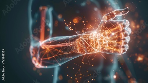 Human hand with glowing connection lines on dark background