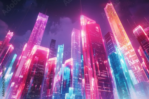 Crystal Metropolis Advanced City with Crystal Structures and Neon Lights, Digital Art Future Concept