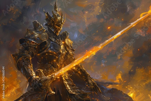 Digital painting of a deity of war and strategy, armored and holding a sword, representing strength and courage.