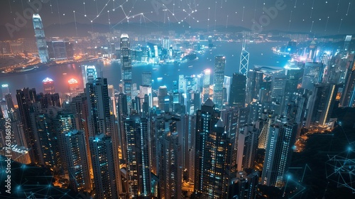 Aerial photo of a Hong Kong cityscape with many skyscapers and development infrastructure. Famous business center megapolis with wireless map of internet comunication and networking connection concept