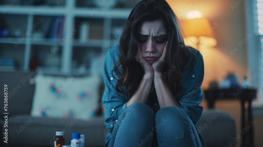 Sad young woman sitting on sofa at home and looking at pills Sad young woman sitting on sofa at home and looking at pills