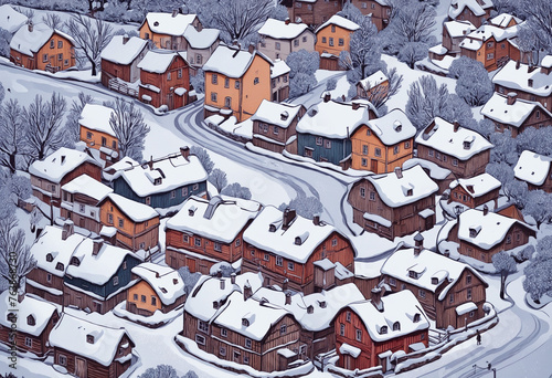 snowy village vintage illustration isolated on a transparent background colorful background