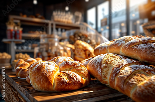 Bakery - gold rustic crusty loaves of bread and buns. Still life. Food concept.