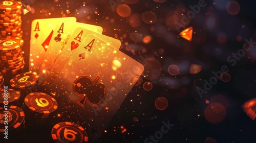 Playing cards and casino chips falling on dark background