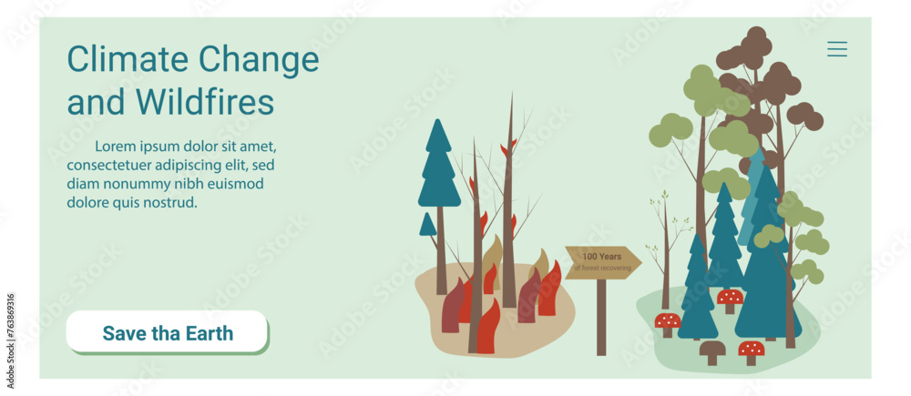 Climate change and wildfire rectangular banner. Save the Earth. Climate change and wildfire rectangular banner. Save the Earth.