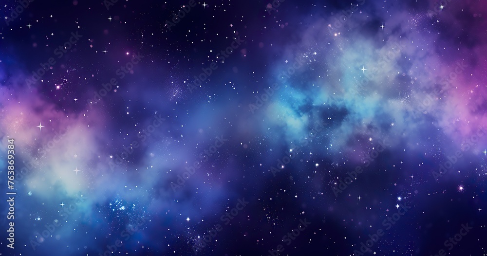 A cosmic background with vibrant stars and galaxies, featuring a dark blue gradient that transitions to purple at the bottom of the canvas. 