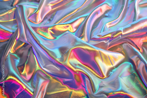 Holographic abstract pattern, wrinkled fabric background. Multicolor gradient foil linen