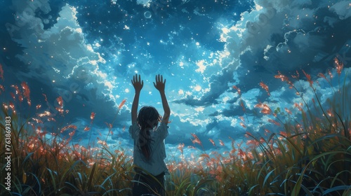 A child reaches towards a star-filled sky, surrounded by the allure of twilight flora. This artwork embodies the innocence of dreaming under a cosmic canopy.