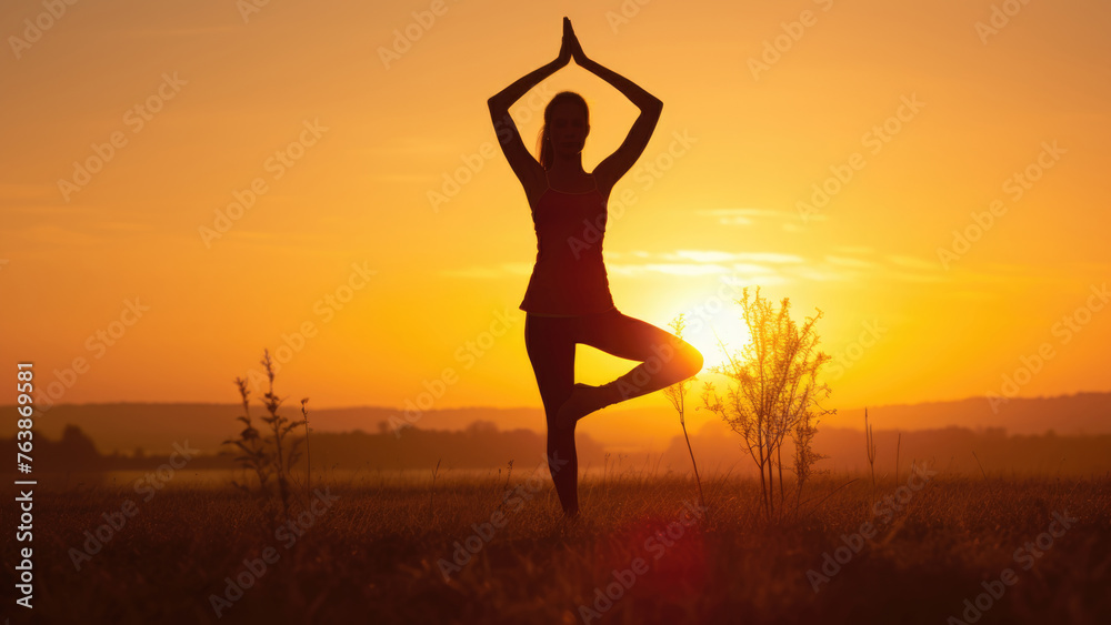 Sunset Yoga: Woman's Silhouette Engaged in Serenity Sunset Yoga: Woman's Silhouette Engaged in Serenity