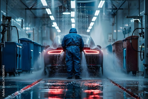 A car wash technician expertly cleans a vehicle in hightech car wash. Concept Car Wash Technician, Expert Skills, High-Tech Equipment, Vehicle Cleaning, Professional Services