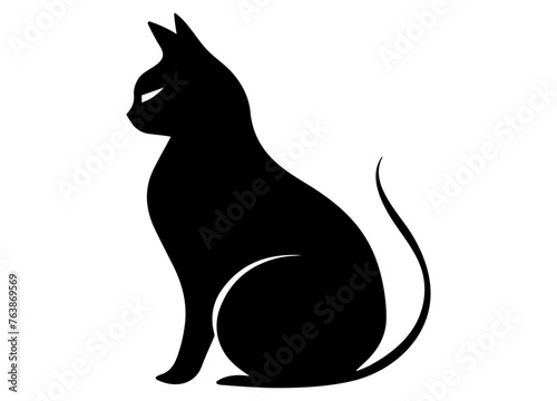 Vector silhouette of black cat sitting isolated on white background