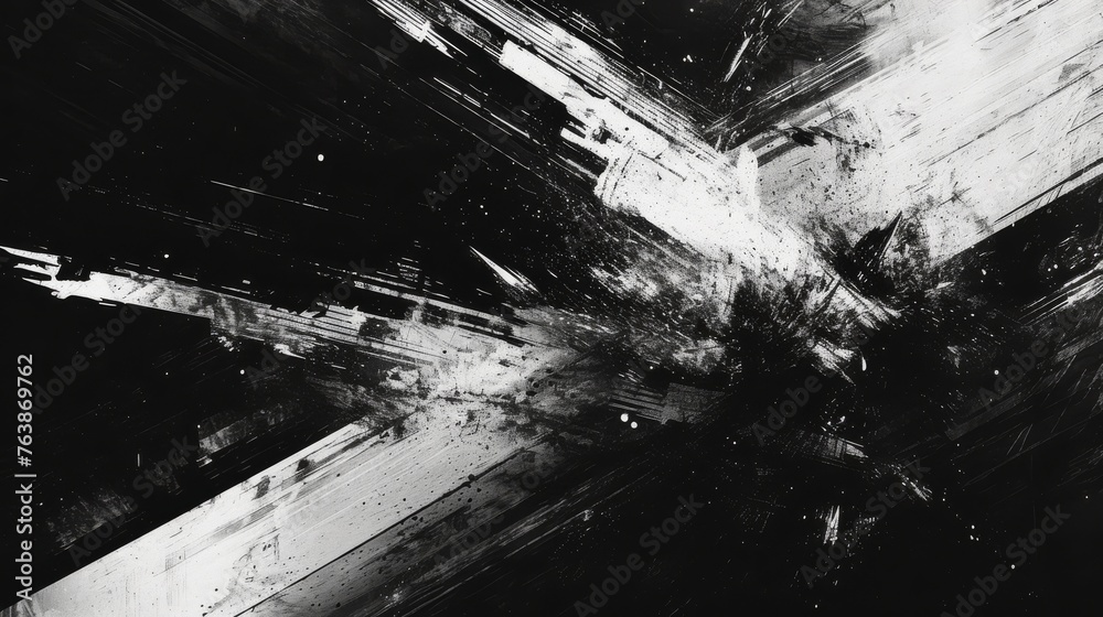 An explosion of black and white strokes creates a chaotic abstract composition, depicting the raw energy of artistic expression. It embodies the clash of order and disarray.
