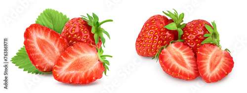 Fototapeta Naklejka Na Ścianę i Meble -  Strawberry and half isolated on white background. Fresh berry with full depth of field